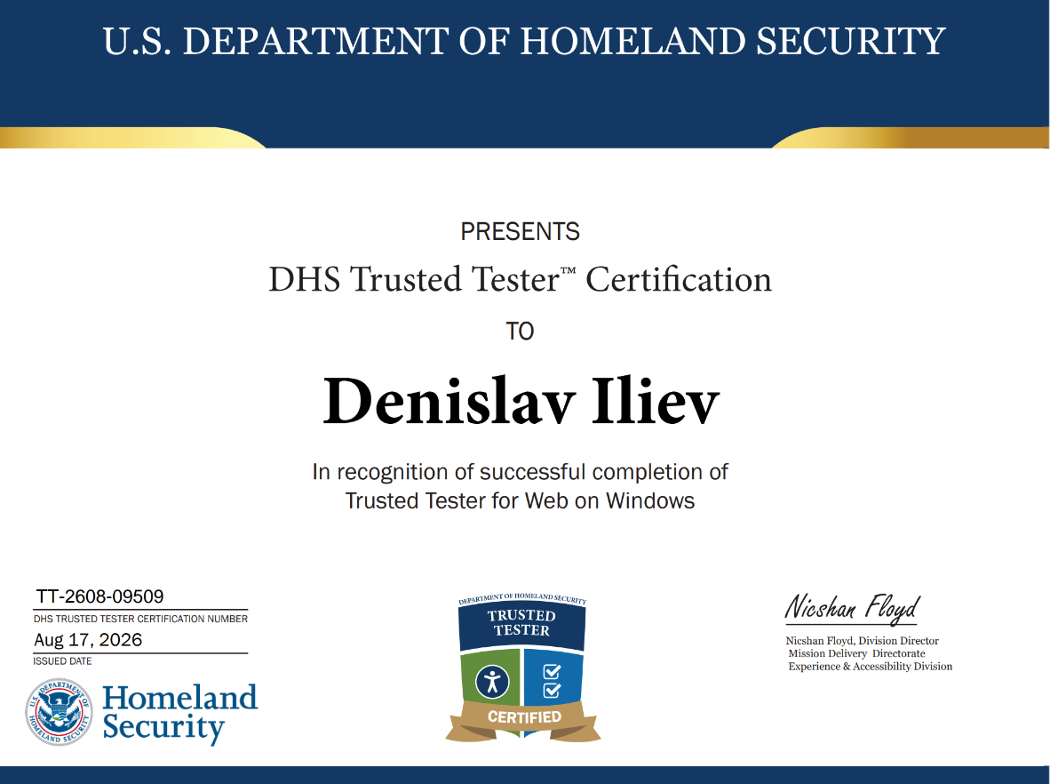 Eveliko expands accessibility practice: Denislav Iliev earns DHS Trusted Tester certification
